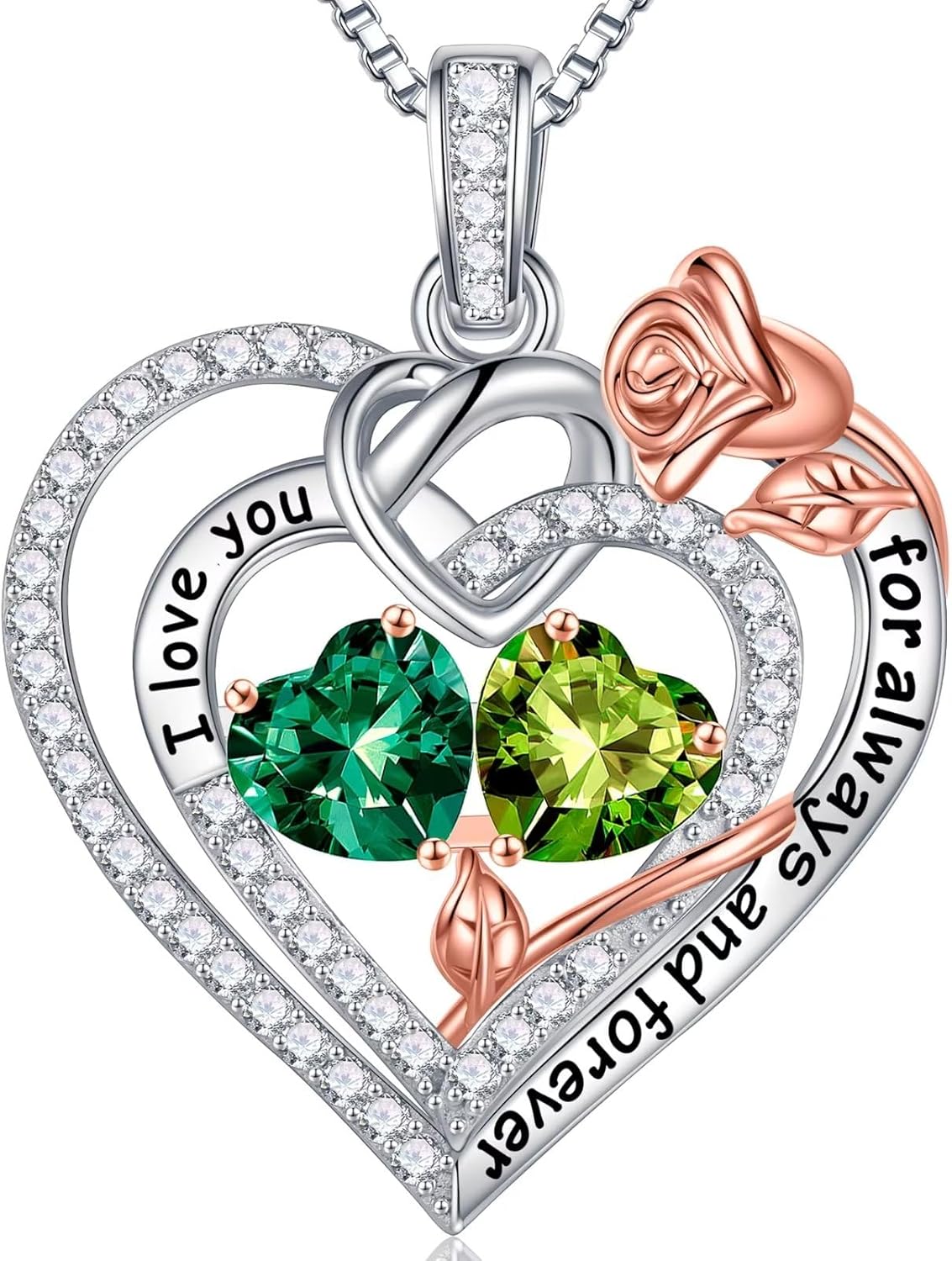 Iefil Rose Heart Necklace Gifts for Wife Women - 925 Sterling Silver Double Birthstone Necklace, Anniversary Birthday Gifts for Women, Jewelry Gift for Wife Girlfriend Mom Her