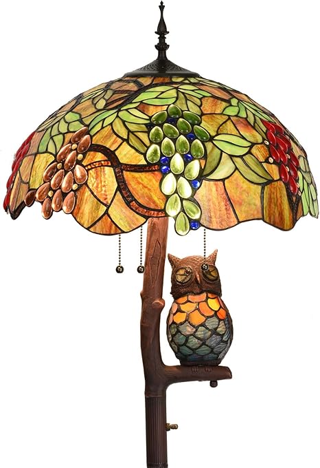 Bieye Bieye L10766 Grapes Tiffany Style Stained Glass Double-Lit Floor Lamp with Owl Night Light, 18" Wx65 H