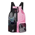 WANDF Swim Bag Mesh Drawstring Backpack with Wet Pocket Beach Backpack for Swimming, Gym, and Workout Gear (Pink)