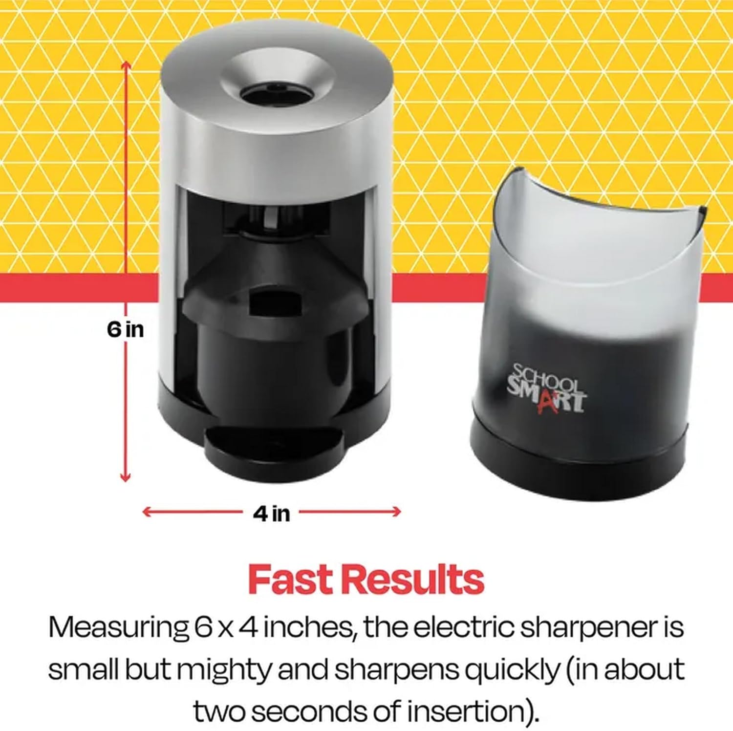 School Smart Vertical Electric Pencil Sharpener with shaving container removed, showing dimensions