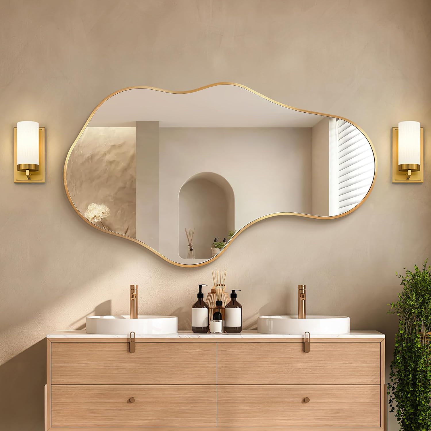 Irregular Wall Mirror, 22"x36" Gold Abstract Asymmetrical Mirrors for Wall, Decorative Cloud Aesthetic Mirror for Bathroom, Bedroom, Cloakroom, Entryway, Shatter-Proof Aluminum Alloy Frame 22"L x 36"W B-rose Gold