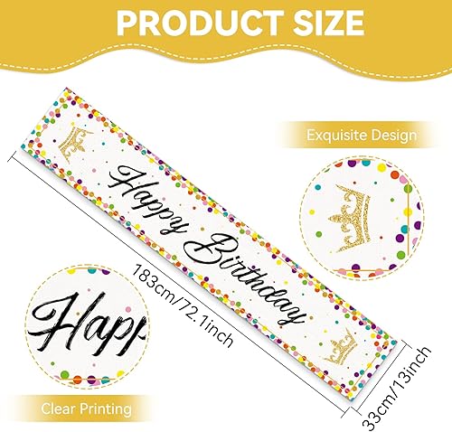 Miniatura 2 de Camino de mesa de feliz cumpleaños, blanco con coloridos lunares corona, camino de mesa para celebrar fiesta de cumpleaños, suministros de