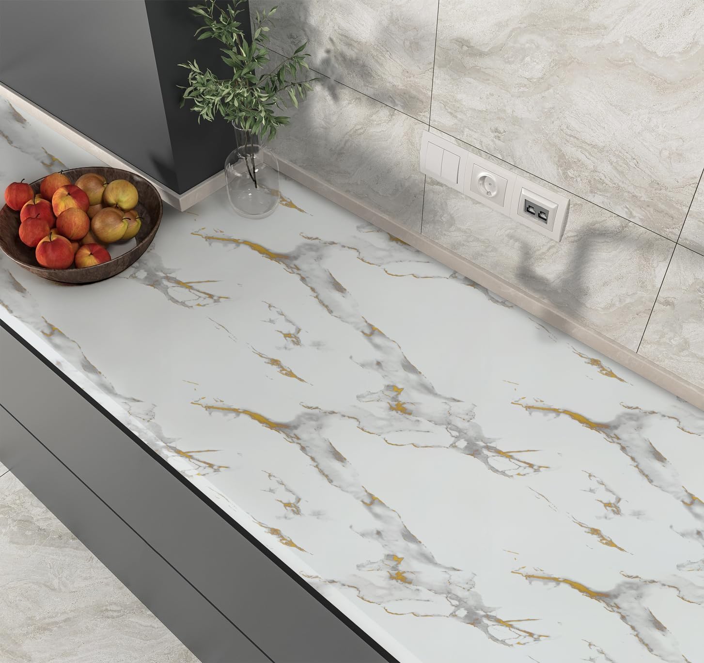 TANONE White Marble Contact Paper for Countertops Waterproof Wallpaper Peel and Stick for Cabinets Removable Matte Gold White Marble Vinyl Wrap for Kitchen Bathroom Counter 17.8"x 394"