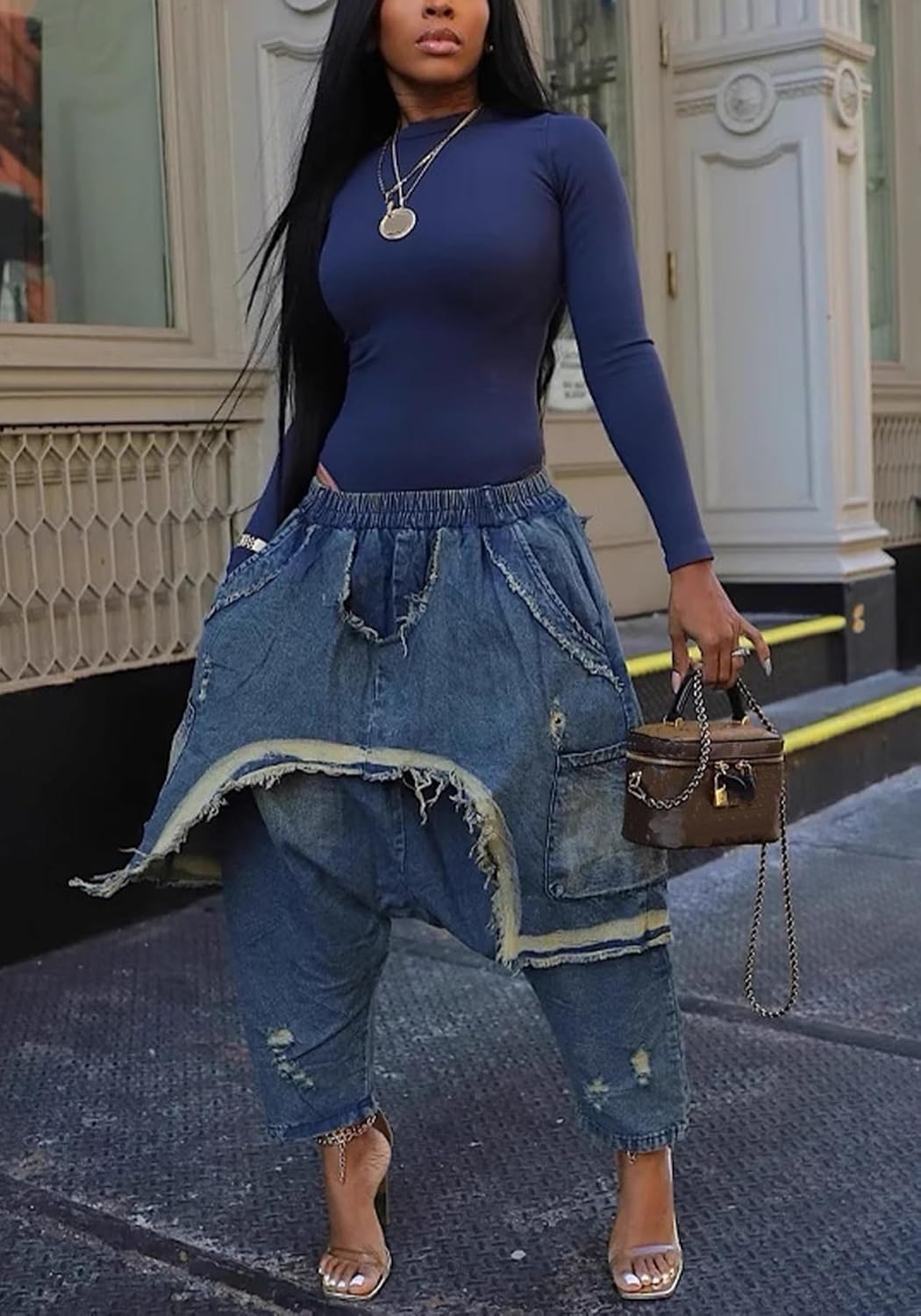 Vakkest Women's Harem Denim Pants Elastic High Waist Raw Trim Hem Patchwork Boyfriend Wide Leg Jeans with Pockets - Image 4