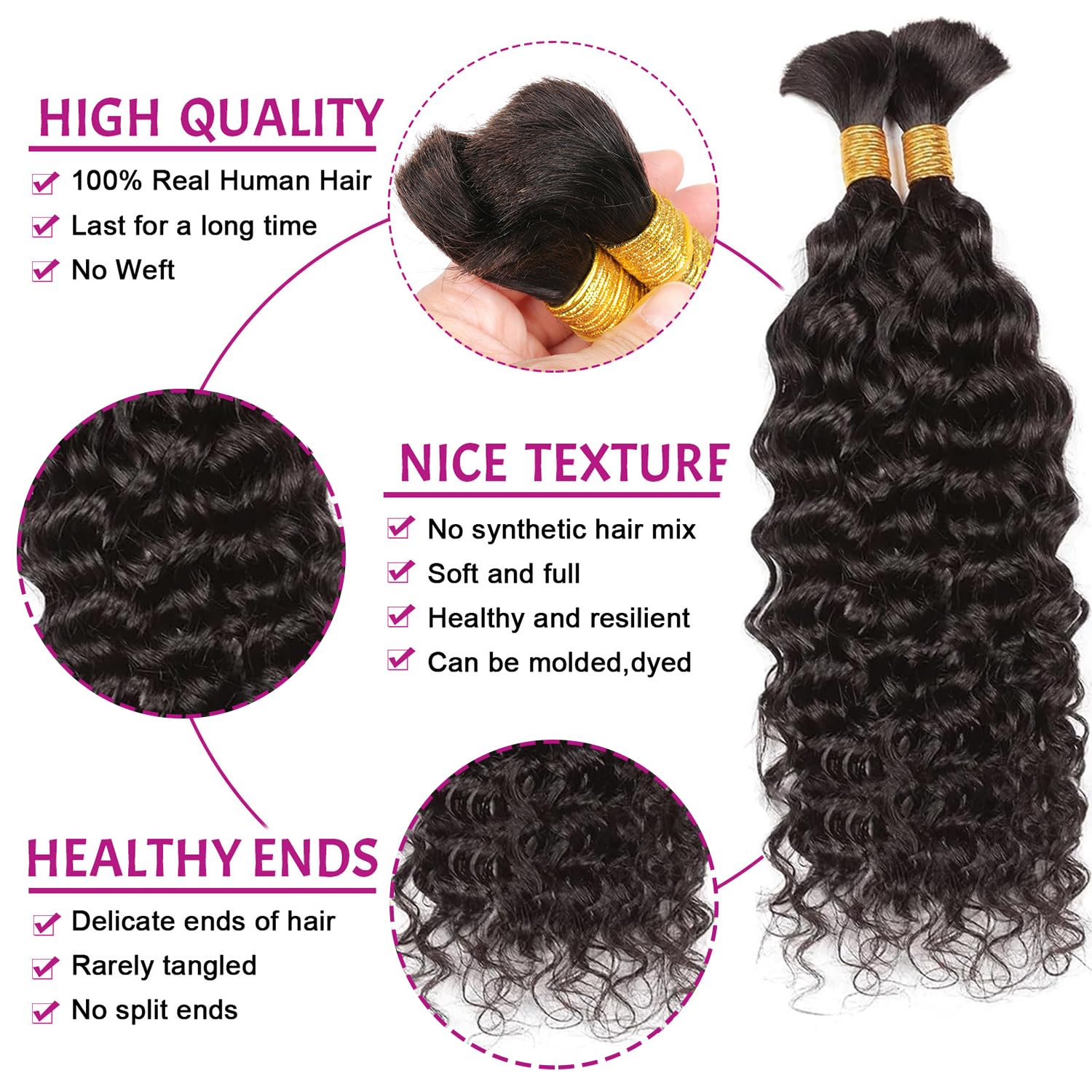 DaiMer Human Braiding Hair 2 Bundles/Pack 100g 26 Inch Water Wave Bulk Human Hair for Braiding No Weft 10A Brazilian Virgin Human Hair Extensions for Boho Braids Natural Color Wet and Wavy - Image 2