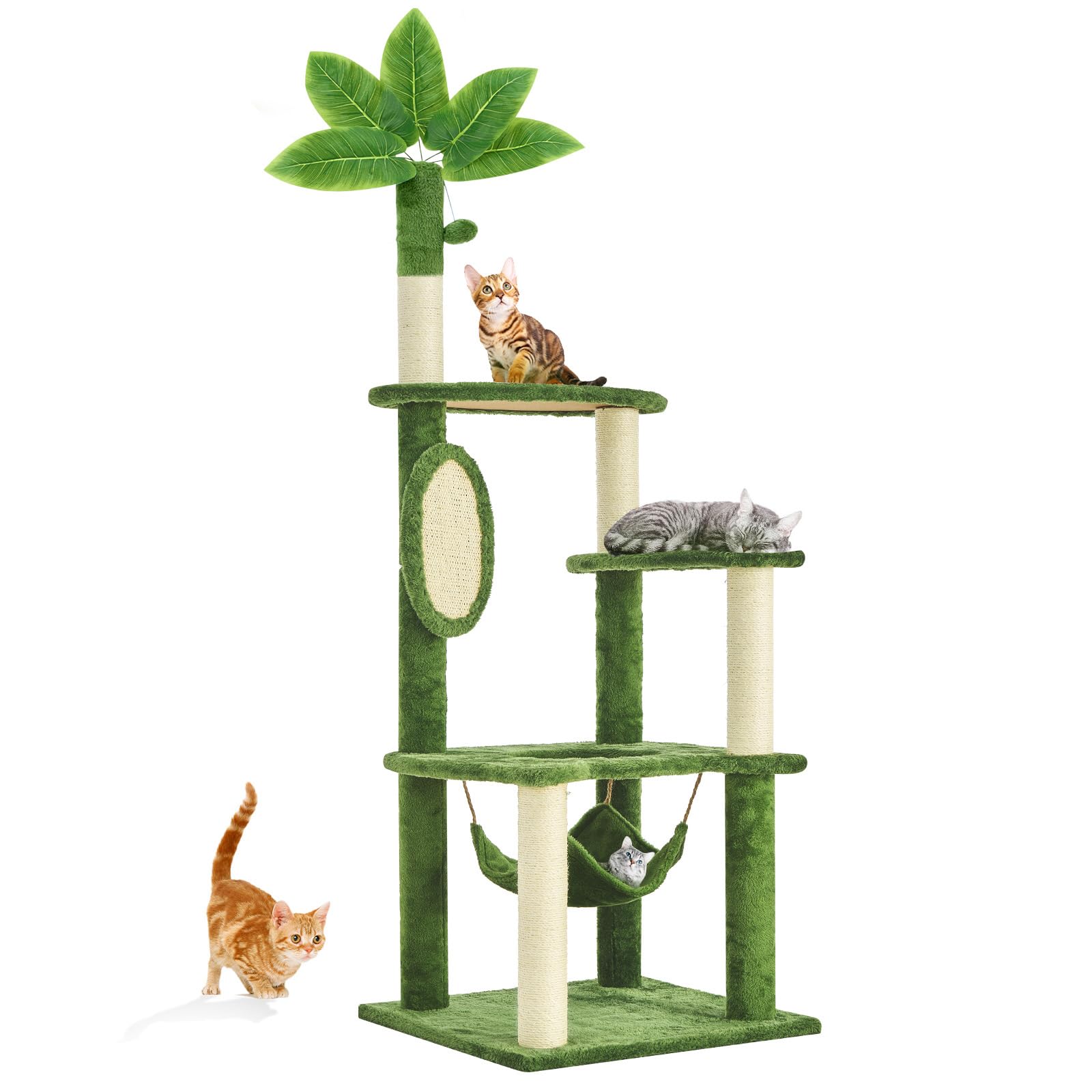 Nineshi 55 Inch Large Cat Tree Tower for Indoor Cats with Hammock Green Leaves Sisal Scratching Post, Plush Hang Ball Play Furniture for Kittens &