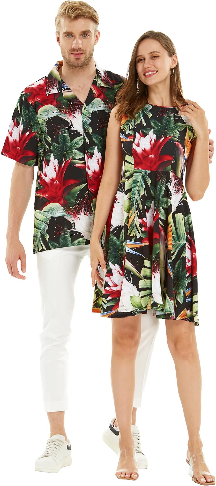 Matchable Couple Hawaiian Luau Men Shirt or Women Vintage Fit and Flare Dress in Lost in Paradise