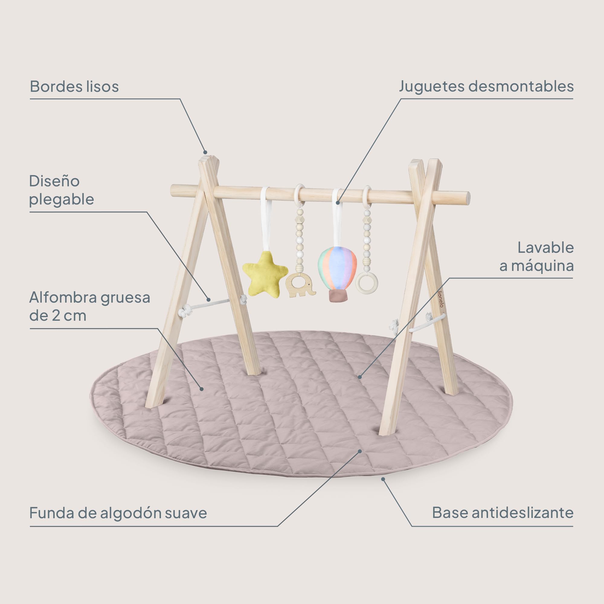 Lionelo Anis Set Manta de Actividades Bebé con Gimnasio de Madera, Baby Gym Montessori con Juguetes Desmontables, Alfombra de Algodón Antideslizante 2 cm, Plegable