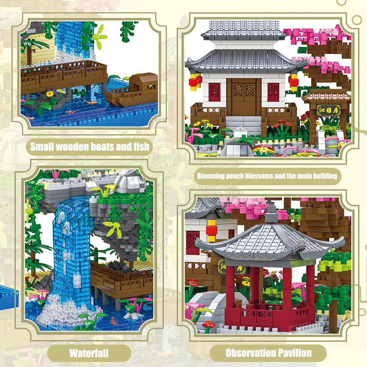 BDYDT Cherry Blossom Tree Micro Building Blocks Set with dimensions labeled: 21cm/8.3in height, 21cm/8.3in width, and 23cm/9in depth.