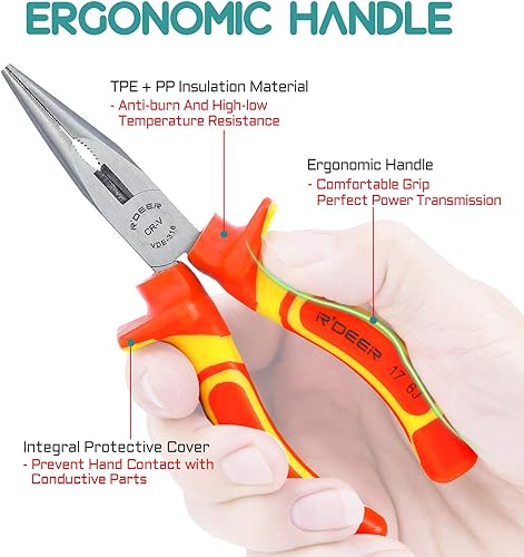 Miniatura 3 de 6 pulgadas aislado mango largo nariz electricista alicates R'deer VDE 1000v Cr-V herramienta de corte lateral de aguja de nivel industrial
