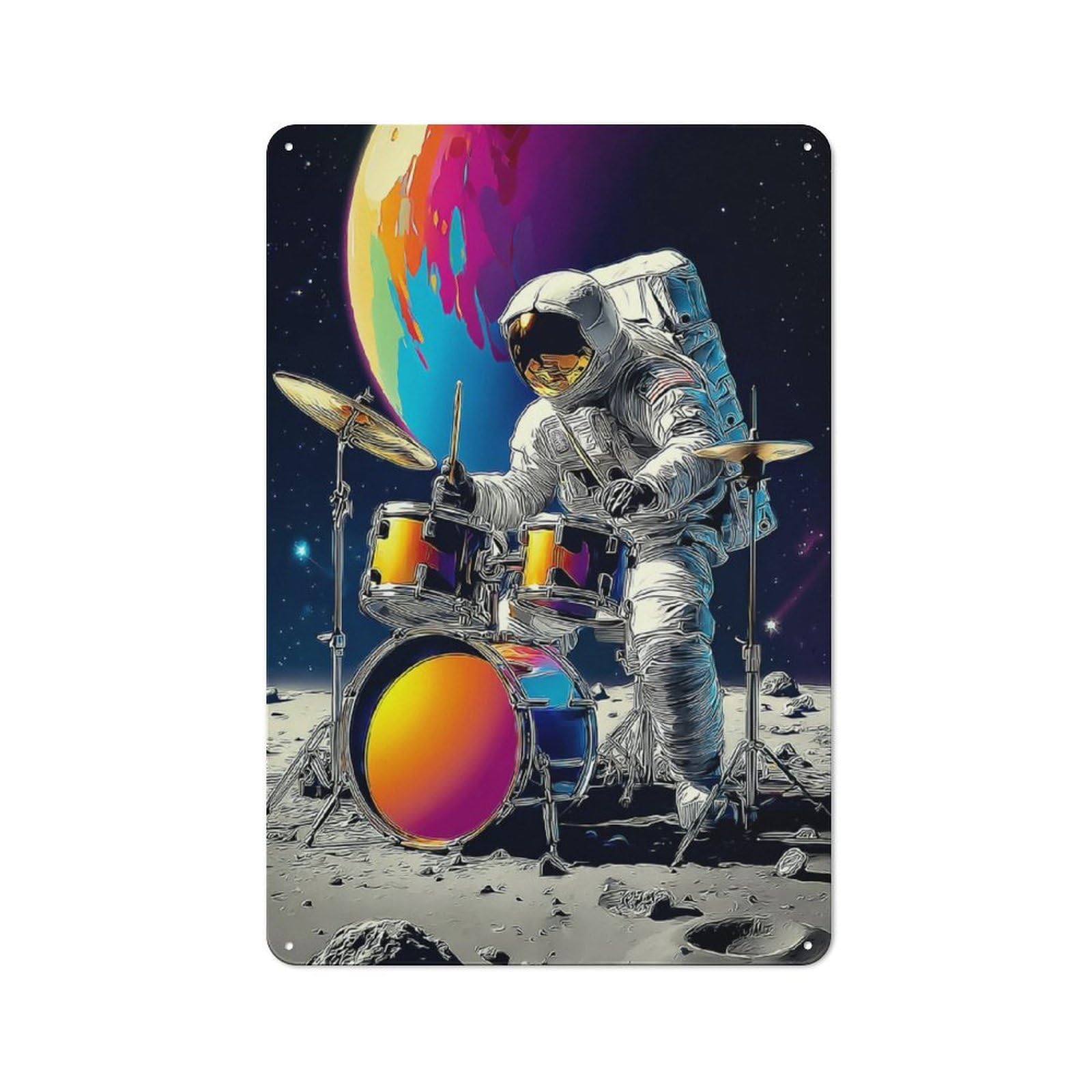 Junmoney Astronaut Drummer On The Moon -1 Metal Wall Plaque With Design 30X20cm, Old Fashioned Vintage Wall Decor For Living Room, Hallway, Kitchen Or Cafe