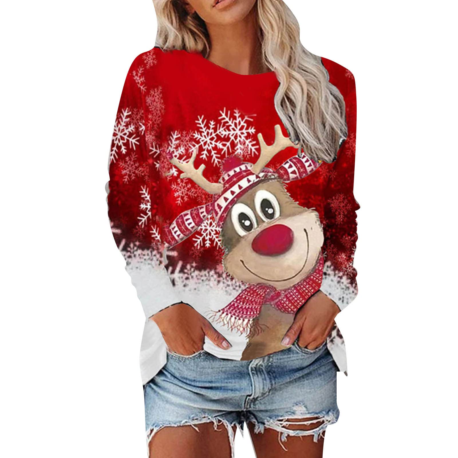 Jersey de Navidad para mujer con patrón de ciervo en algodón cómodo 8