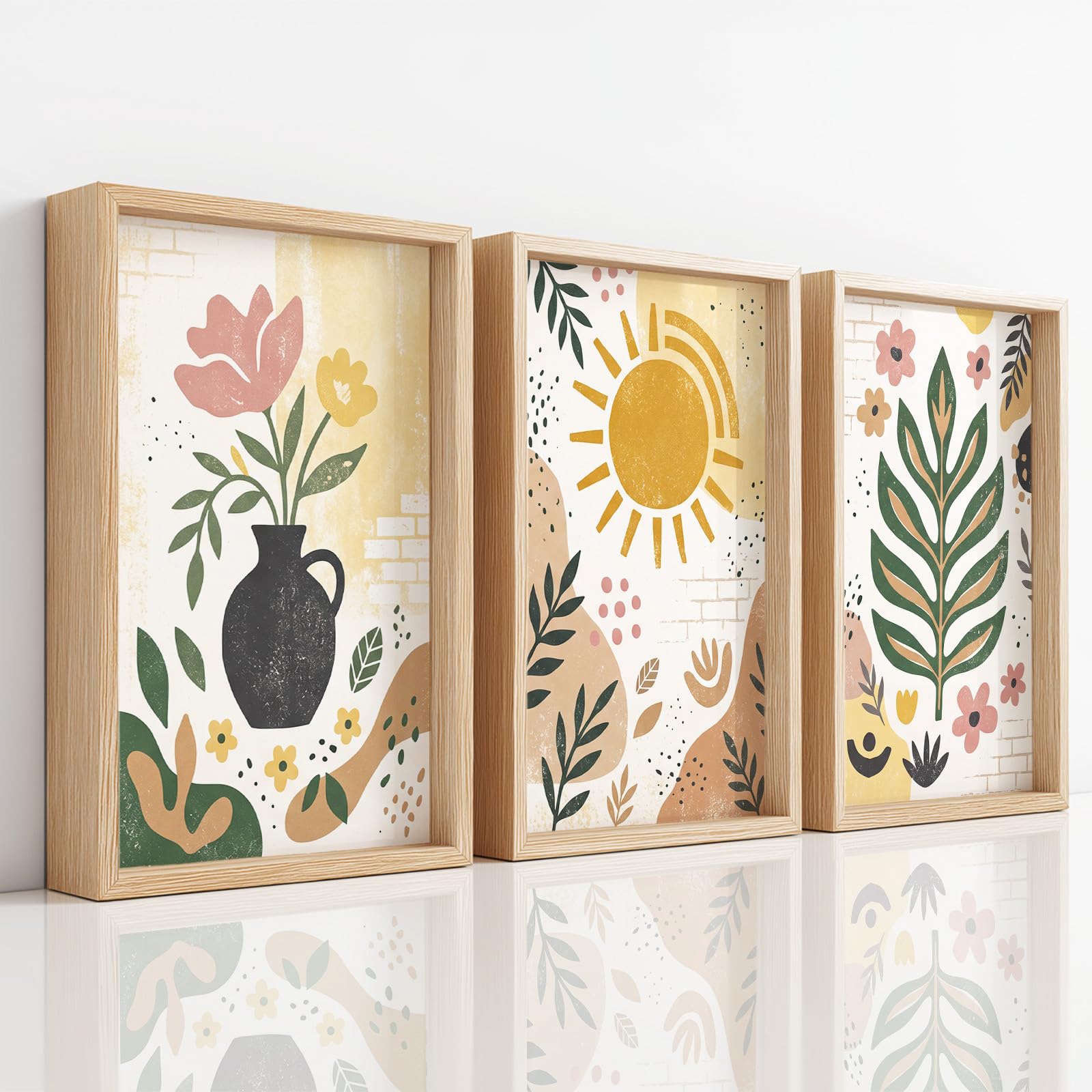 Generisch Juego de 3 pósteres abstractos bohemios, cuadros de pared botánicos floreros florales con hojas de sol, salón, dormitorio, comedor, arte de pared, sin marco, lienzo (40 x 60 cm)