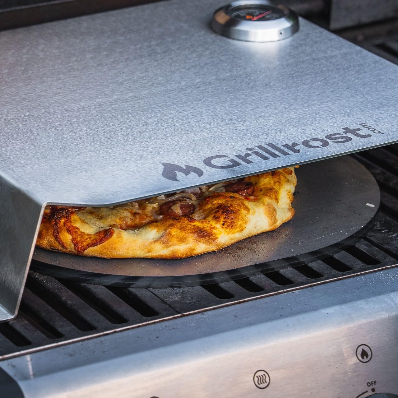 Grillrost.com Das Original: Tapa de Pizza para Barbacoa de Gas | Acero Inoxidable - Calor Superior Como en Horno de Leña