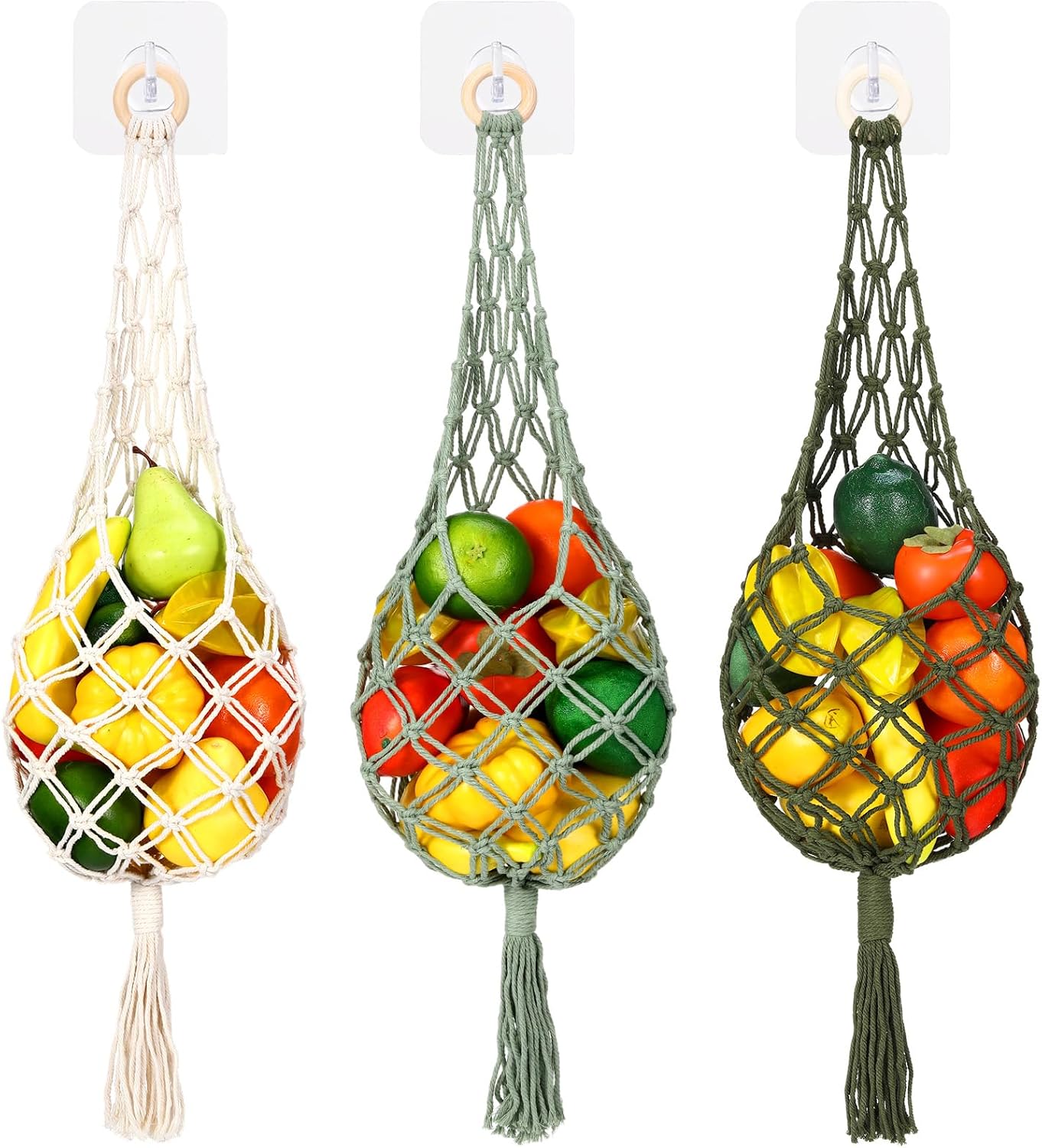 Sieral 3 Pack Hanging Fruit Baskets for Kitchen Boho Cotton Rope Wall Handwoven Vegetable Storage with 3 Pcs Strong Hooks for Farmhouse Decor Organizing Teardrop Home Wall Potato Onion
