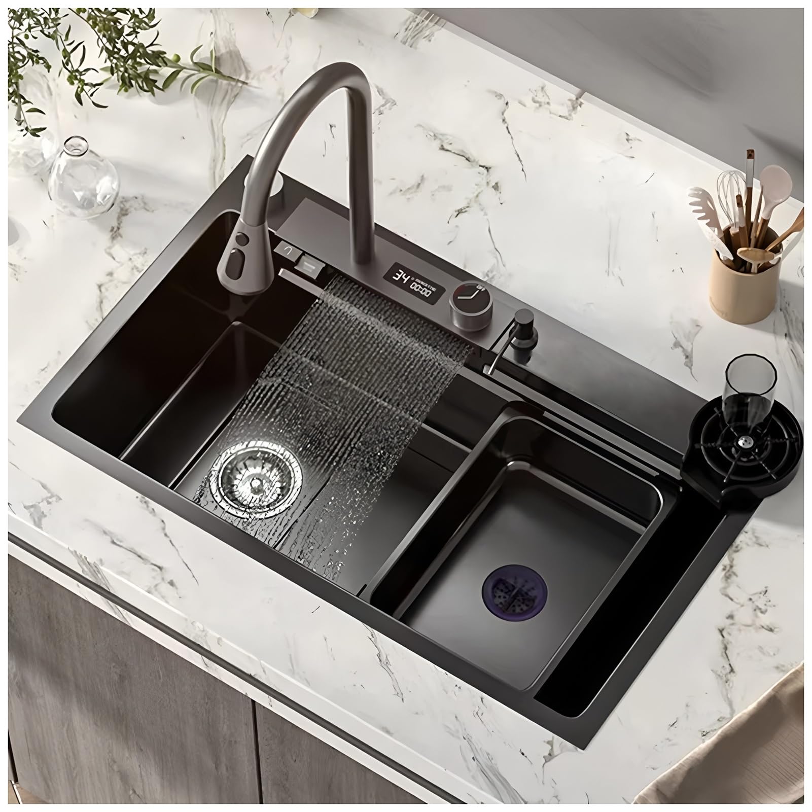 ZQFHSX Stainless Steel Kitchen Sink With Waterfall Faucet, Nano Coated Workstation Digital Display, Topmount Single Bowl, Deep & Large Capacity Multi-Purpose Sink(Black GreyB,80x45x21cm)