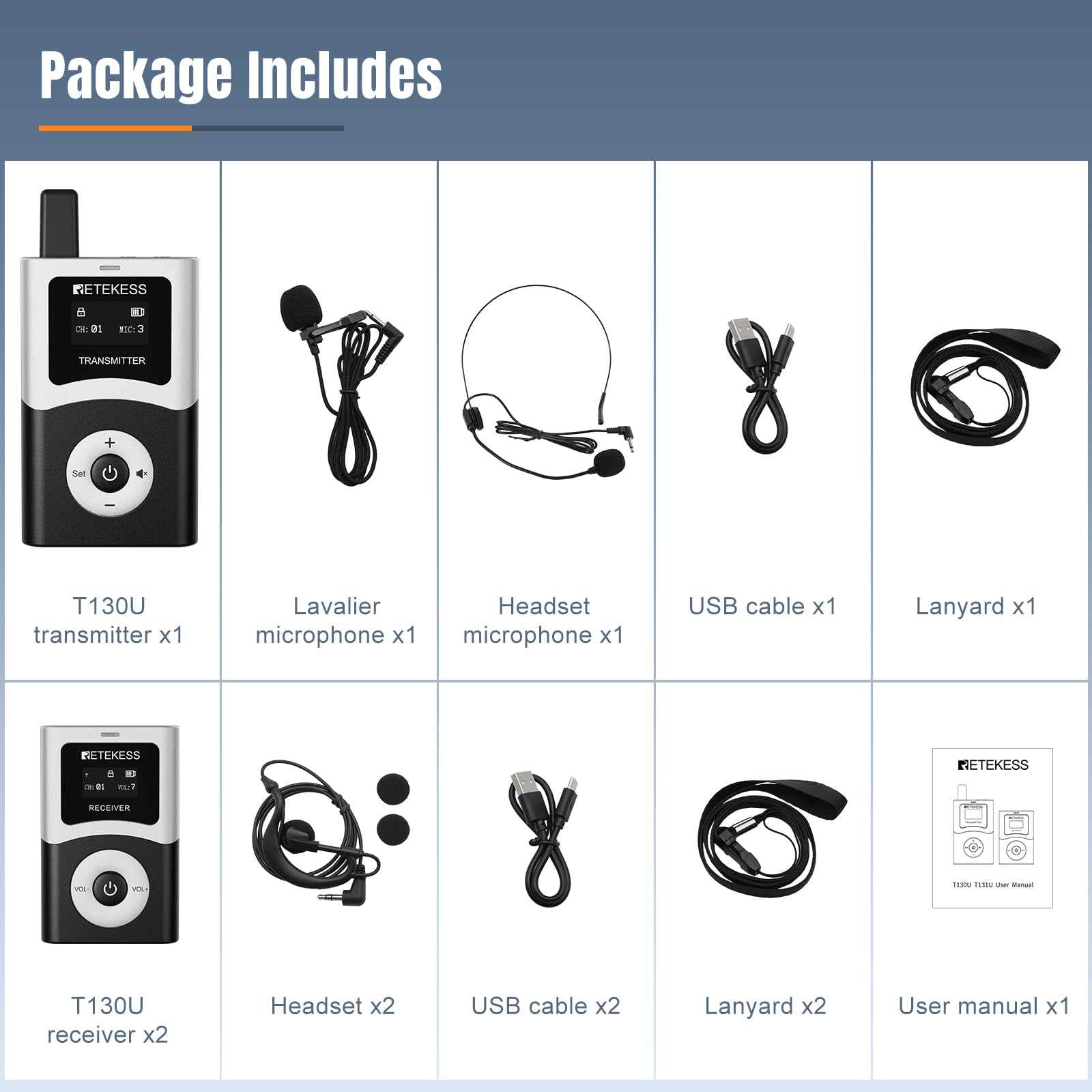 Retekess T130U - Sistema di guida turistica wireless, cuffie con auricolare universale da 3,5 mm per orecchio sinistro e destro, dispositivi di trasmissione audio per viaggi