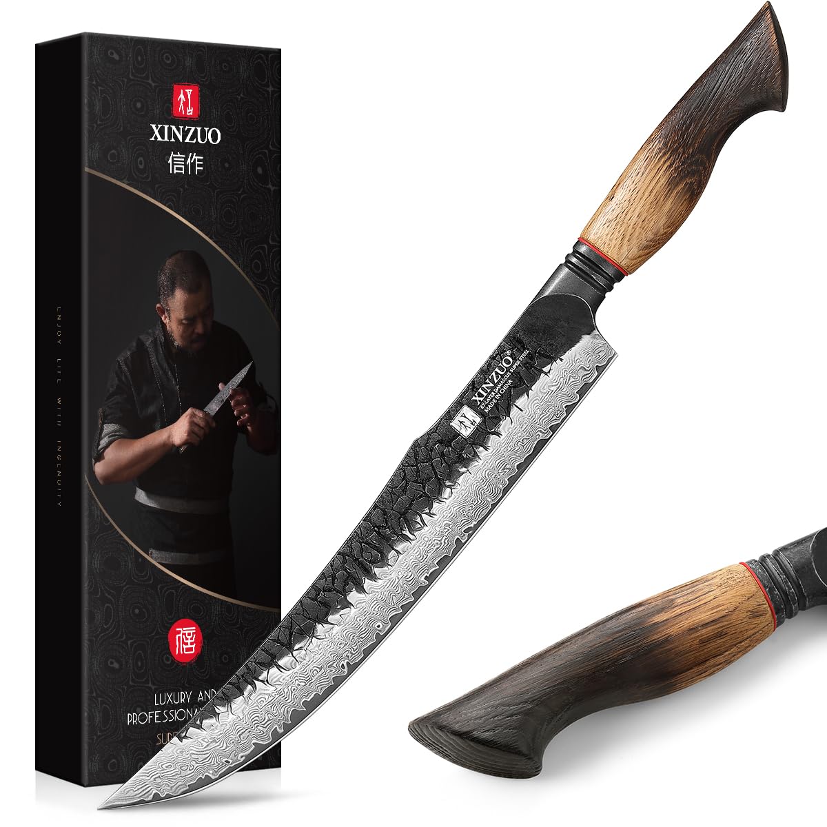 XINZUO 8.3 Inch Kiritsuke Chef Knife, Forged 67 Layers 10Cr15Comov High Carbon Damascus Steel Professional Kitchen Knife,Super Sharp，White Oak + Red G10 Gasket Handle — Amazon image 21