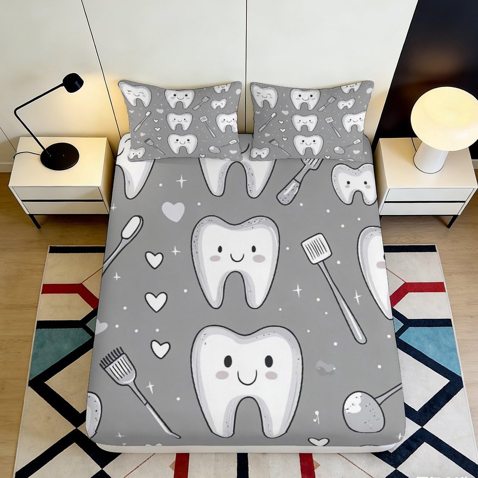 Jqzkxnhpbr Style-3 3D Printed Cartoon Tooth Fitted Sheet Microfiber Grey Dental Pattern Mattress Cover Anti-Slip Machine Washable For Bedroom Guest Room 90X200x25cm