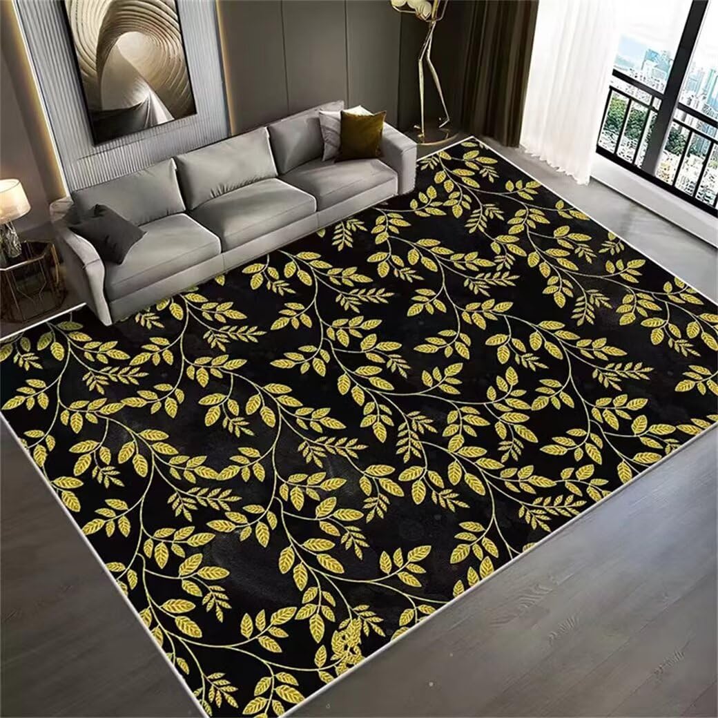 Tapis table basse noir et jaune 250x300cm style plantes fraîches