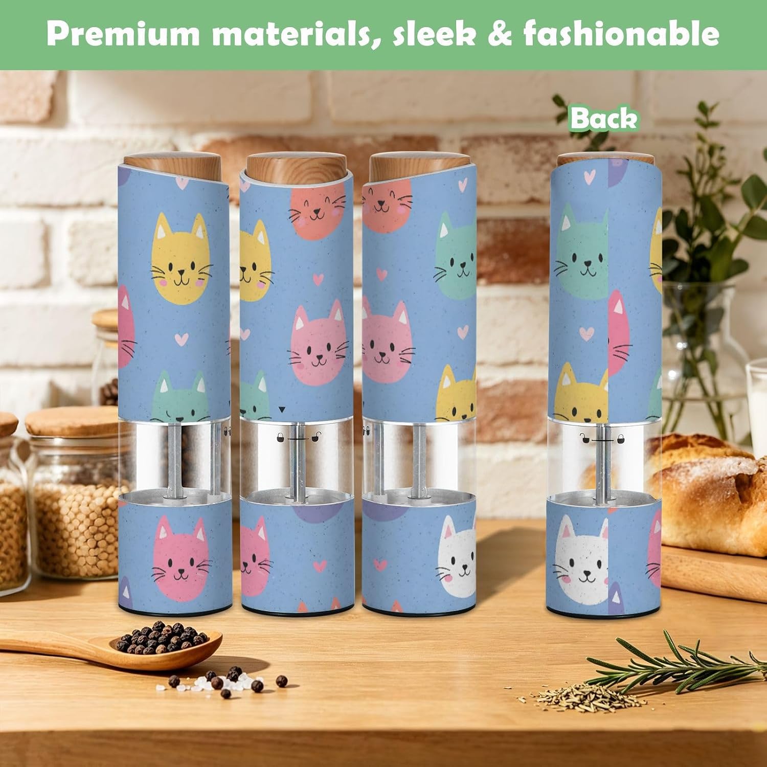 ALAZA Electric Pepper Grinder with Adjustable Coarseness, Cat Pattern Battery Automatic Salt and Pepper Mill with Led, One-Handed Operation Spice Grinder for Kitchen, Camping & BBQ