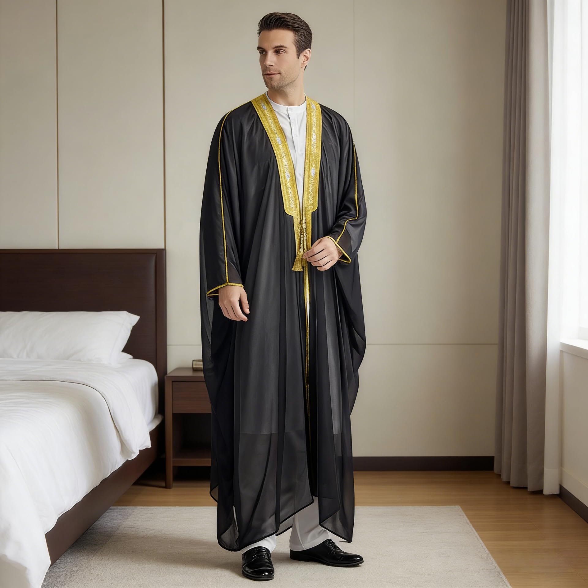 zhxinashu Vestito Musulmano Uomo - Cardigan Aperto a Maniche Lunghe, Abito Musulmano in Chiffon Stampato per Uomo, Caftano Uomo e Informale Retro
