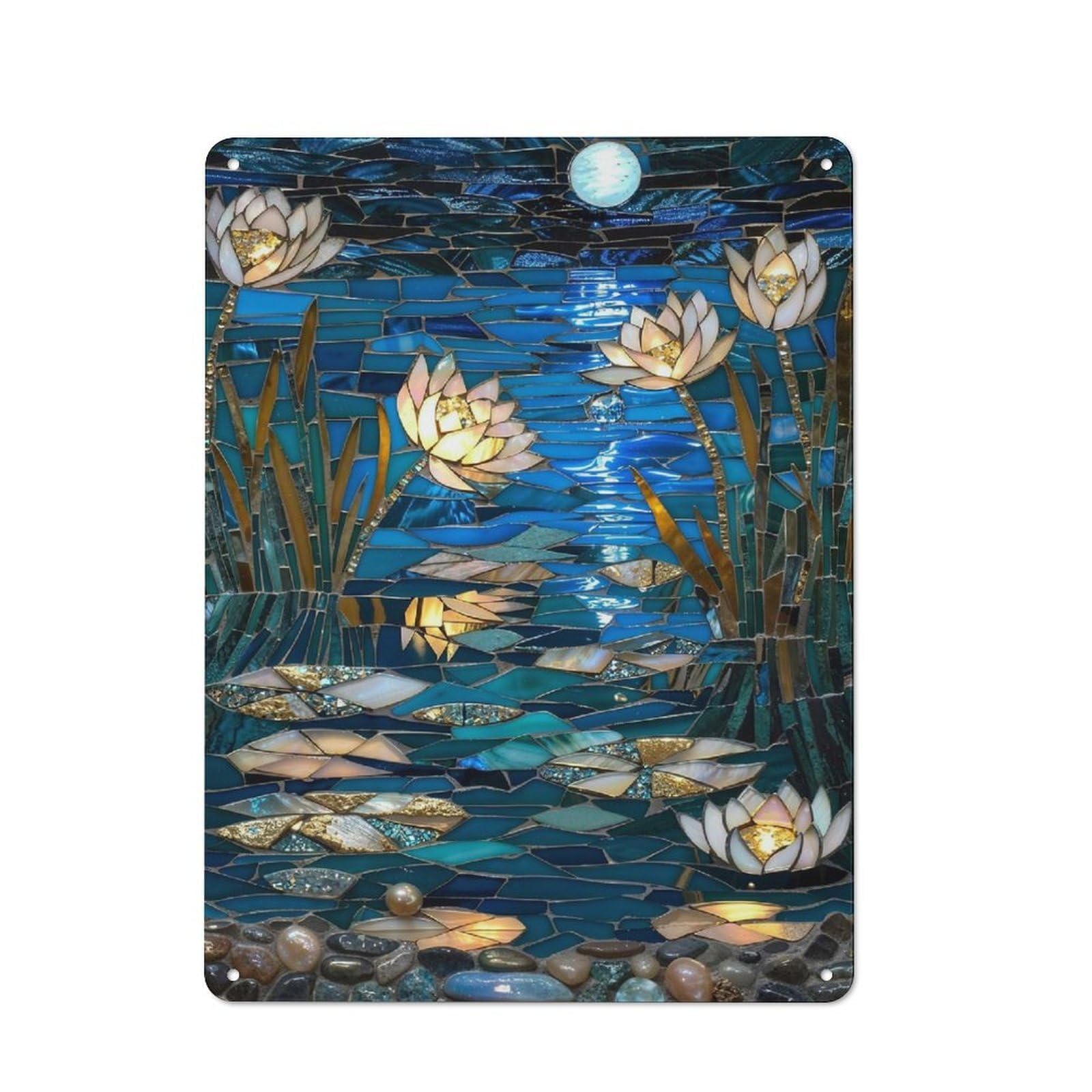 Junmoney Moonlit Lotus Pond Mosaic Retro Metal Sign 40X30cm For Garden Room Or Summerhouse, A Decorative Metal Sign For Garden Rooms And Summerhouses
