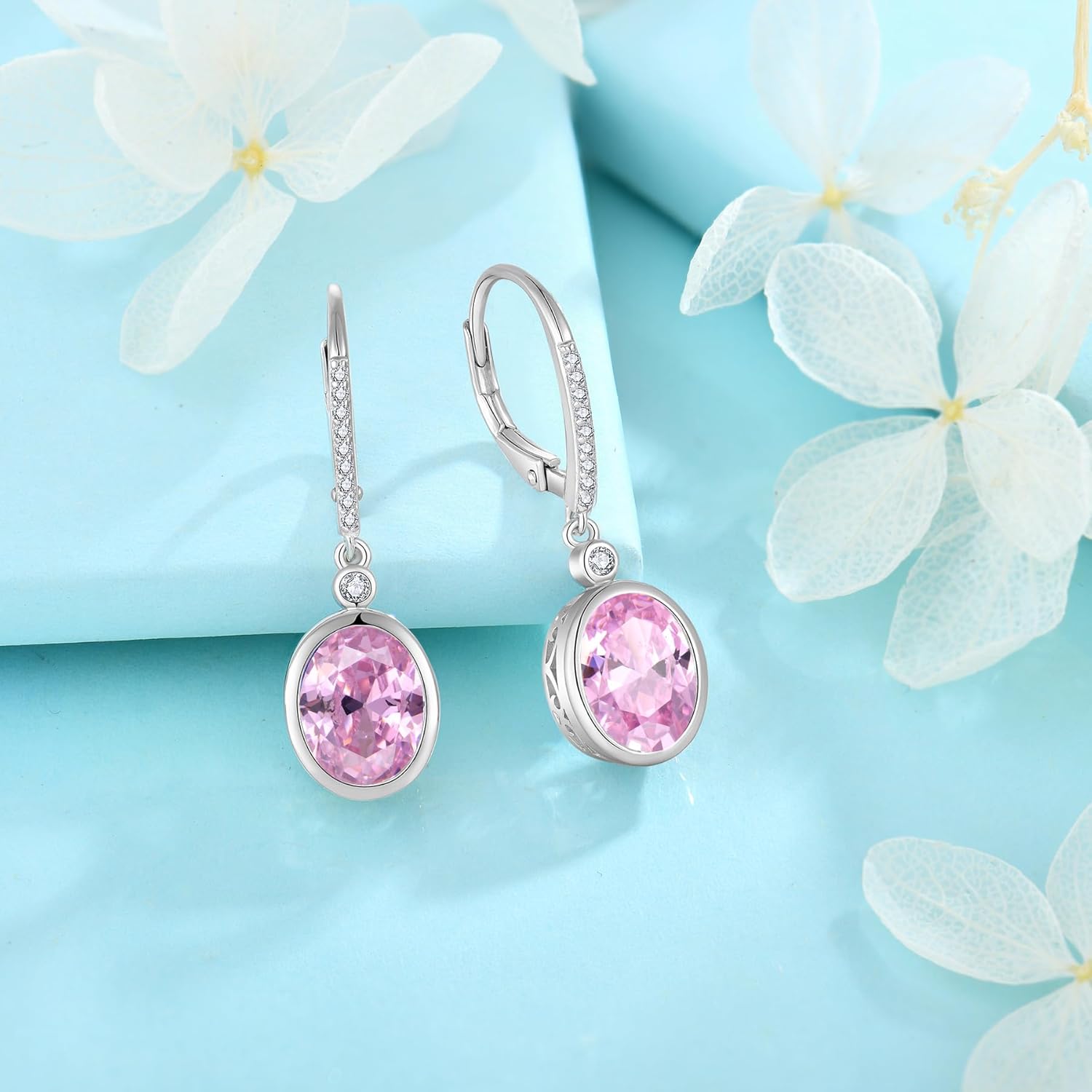 FJ Oval Cut Dangle Drop Earrings 925 Sterling Silver Leverback Earrings Birthstone Jewelry Gifts for Women - Image 4
