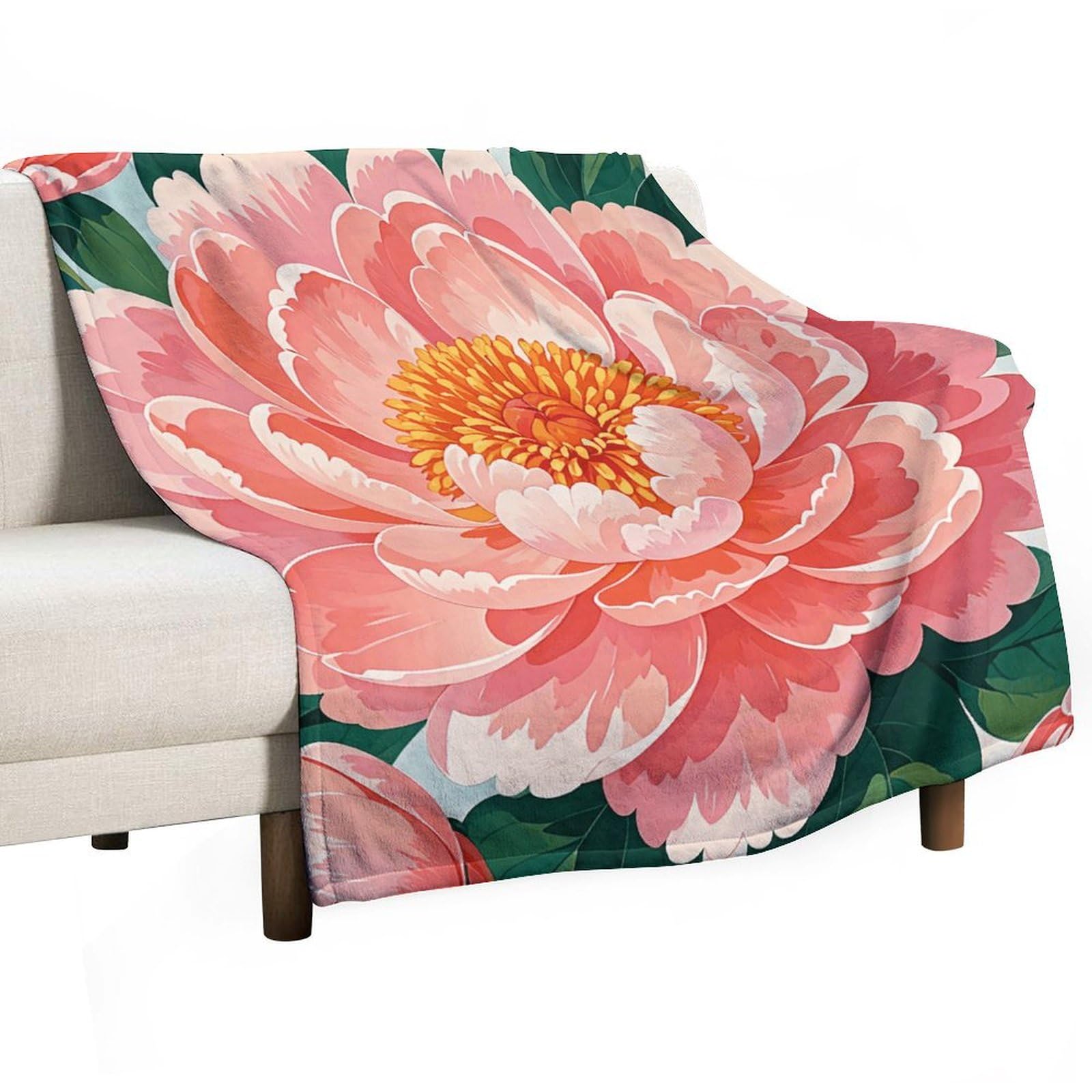 Couverture en flanelle motif pivoine pêche douce et légère 127x152 cm