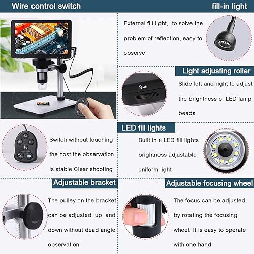 Miniatura 2 de XClifes Microscopio USB digital de 7 pies microscopio HD de 1080p sensor de cámara 1200X control remoto con cable luz 10LED microscopio electrónico