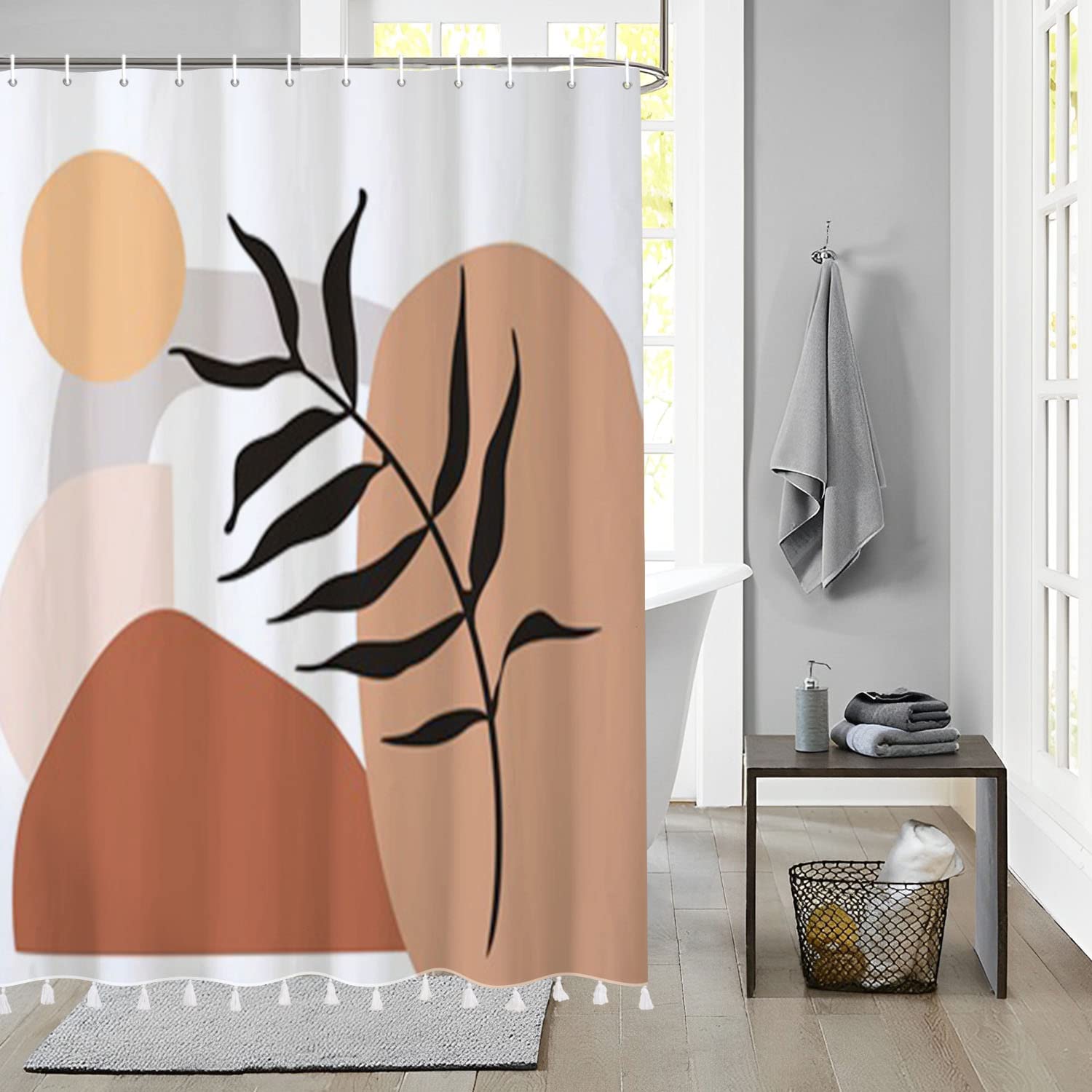 183x213cm Cortina de Baño Bohemia Impermeable Cortina de Ducha de Arte Abstracto Planta Tropical de Medio Siglo Cortinas de Ducha Lavables para Bañera con Gancho — view 7