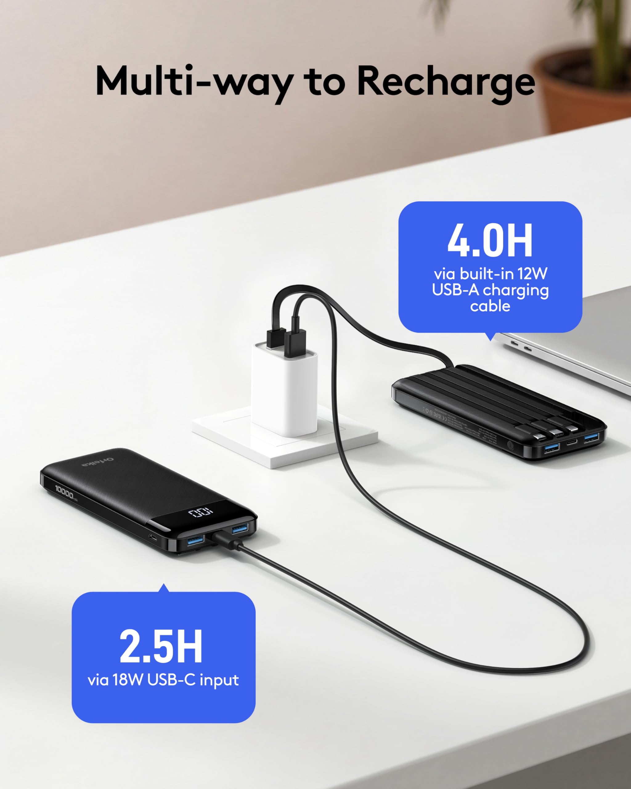 Orfeika Caricabatterie portatile per telefono, 10000 mAh, caricabatterie portatile con cavi integrati, batteria essenziale da viaggio, compatibile con iPhone, Samsung, Google, iPad, tablet, ecc