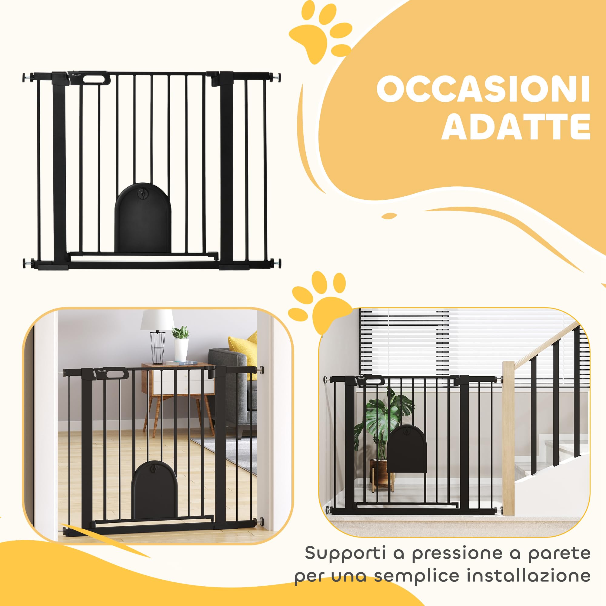 PawHut Cancellino per Cani Regolabile con Porta Piccola e Montaggio a Pressione, Barriera per Cani con Chiusura Automatica, 75-103x76 cm, Nero