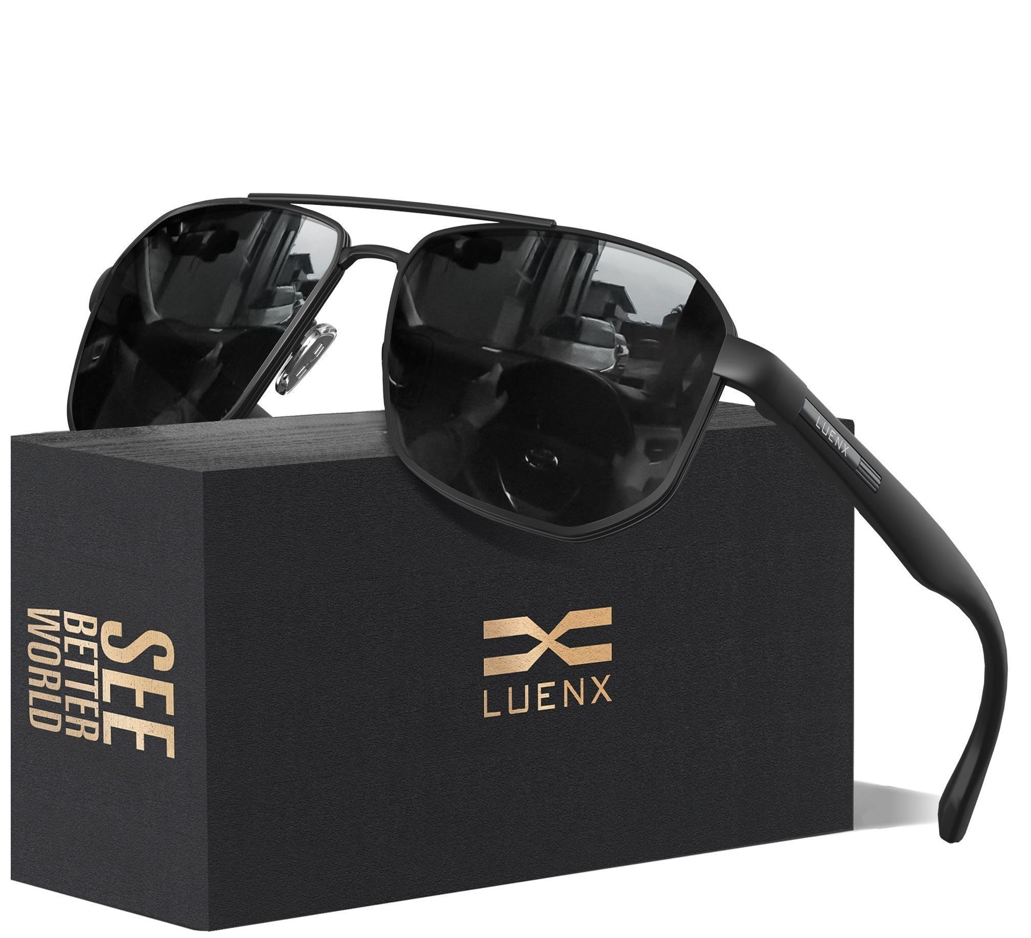 LUENX Aviator Sunglasses for Men Square Polarized Polygon Lens - UV 400 Protection with Accessories