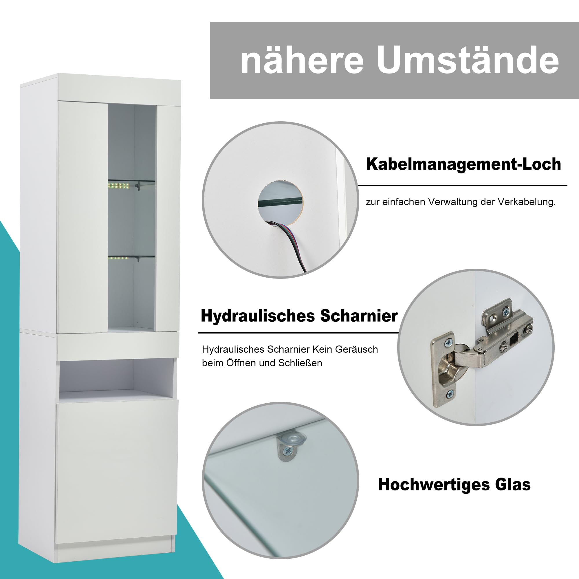BTM Vitrine mit 16 Farben LED Beleuchtung, Standvitrine, Stauraumvitrine, Wohnzimmerschrank Weiß, LED-Schränke Buffet-Schrank, 50 (L) x40 (B) x180 cm (H)