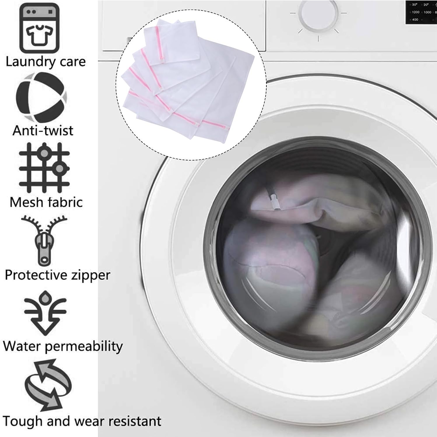 Pink Polyester Mesh Laundry Bags 5pcs for Delicate Garments and Shirts