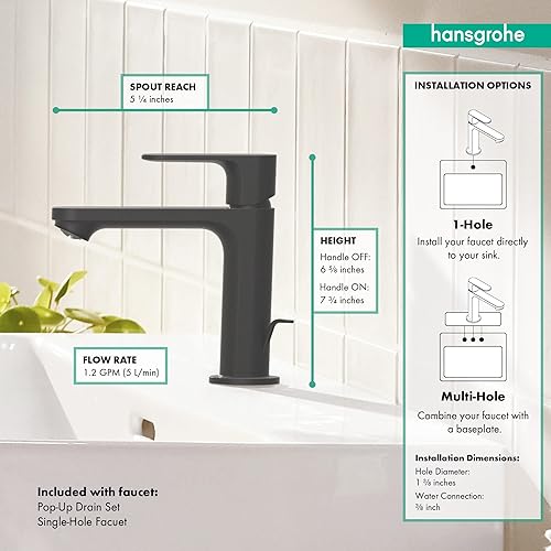 Miniatura 8 de Hansgrohe Rebris S 72517671 - Grifo de lavabo de baño contemporáneo con 1 manija y 1 orificio de 7 pulgadas de alto, negro mate, 72517671