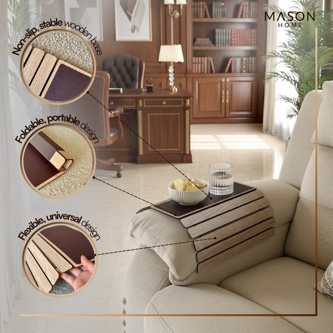 MASON HOME Elm Sofa Rectangular Armrest Tray - Cream Full Grain Bamboo Wood with Anti Slip Pad | Dining Tray | Home & Office Décor | Furniture | Serving Platter for Drinks - Appetizer - Snack Bowls 1