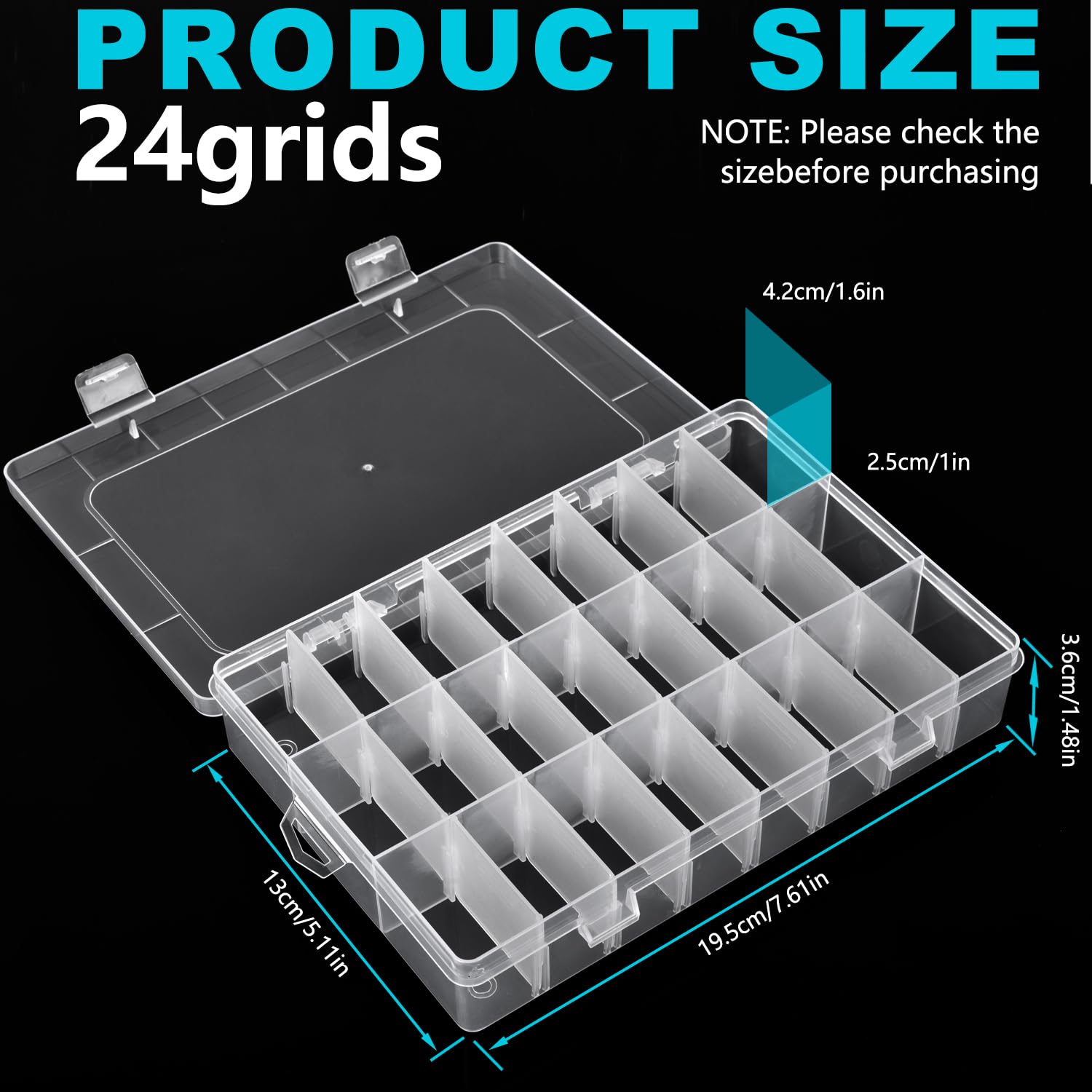 VZTOLKUR 2 Pack 24 Grids Plastic Storage Box Clear Organizing Containers with Adjustable Dividers for Beads, Crafts, Art DIY, Jewelry, Screws, Pins, Thread, Fishing Gear, Small Items