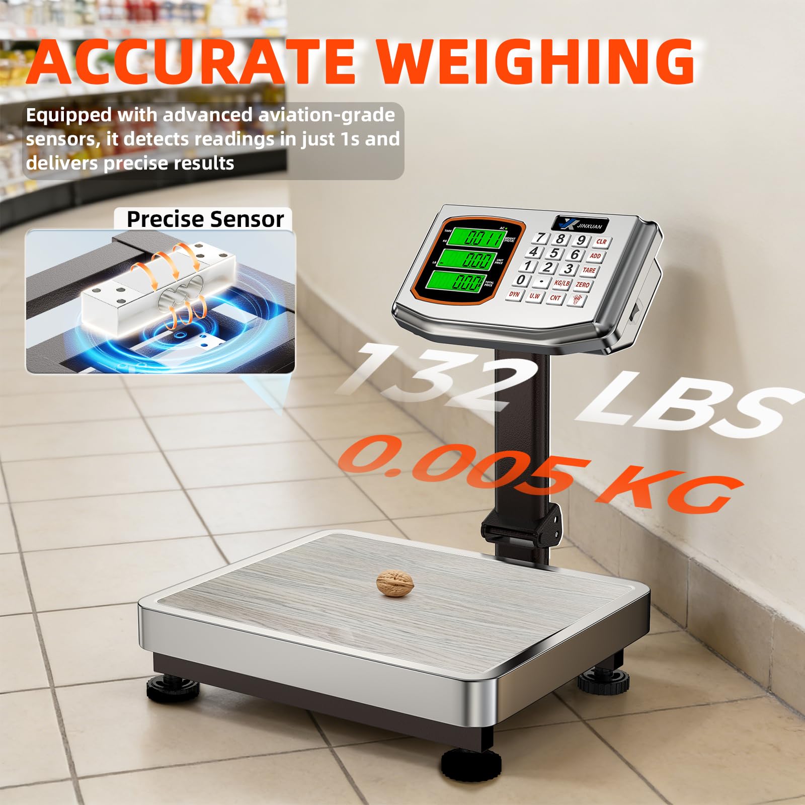 Báscula de plataforma digital de computación, carga de 132 libras, báscula de piso de computación de precisión de 0.01 libras con LB/kg, tara, calculadora de precios, conteo, pantalla de alta
