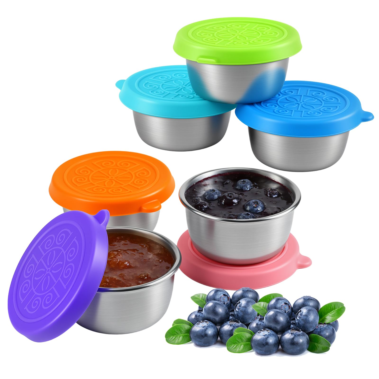 lompyeu 6 Stück Salatdressing Behälter - 50ml Auslaufsichere Bento Box Zubehör, Edelstahl Dressing Behälter mit Silikon Deckel,Mini Dosen Snackbox für Kinder,Wiederverwendbare Saucenbehälter