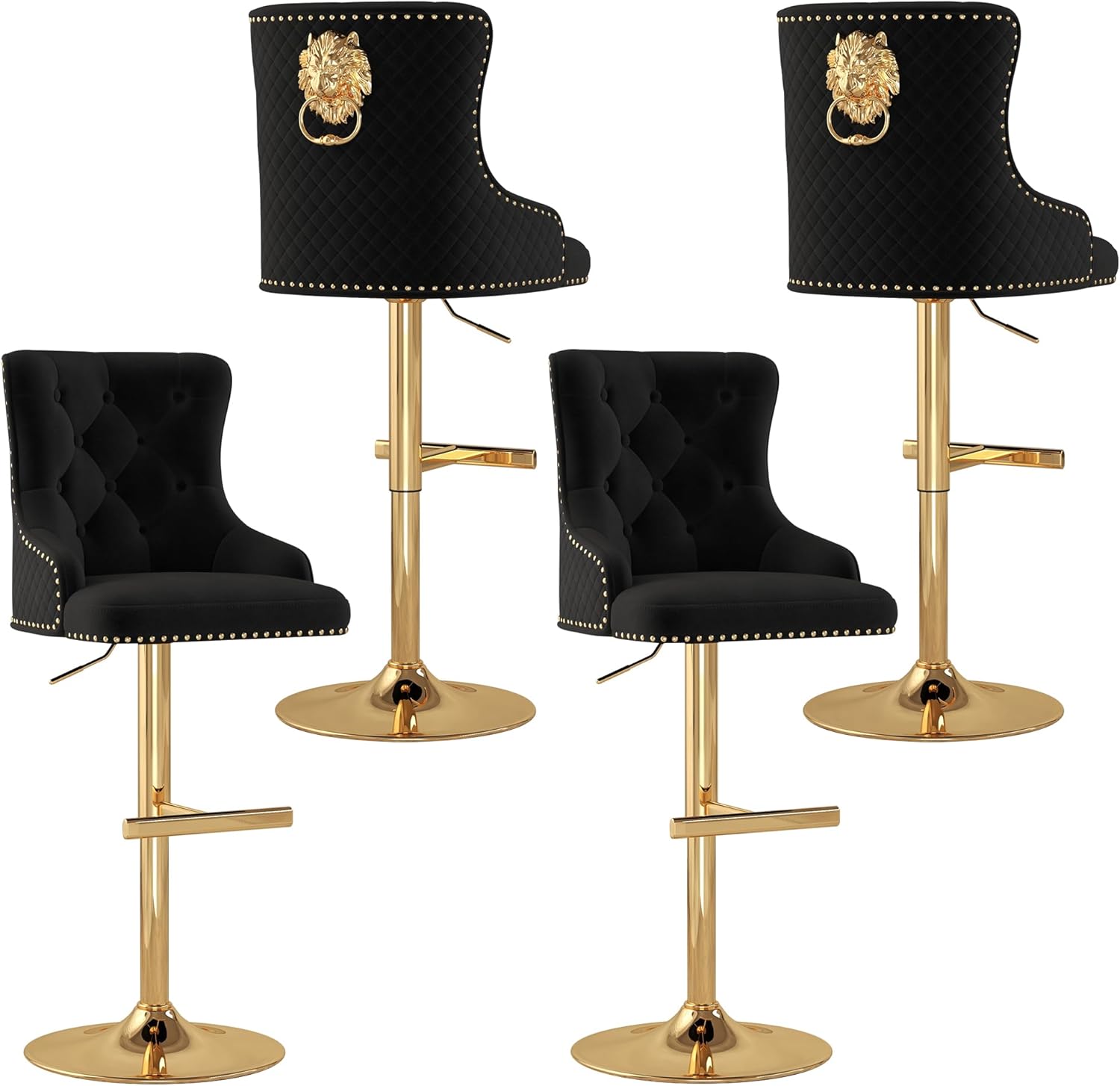 ABET Bar Stools Set of 4, Golden Base Counter Height Stools with Footrest, Velvet Adjustable Swivel Kitchen Island Chair with Upholstered Tufted High-Back, Lion Head Ring Nailhead Trim, Black