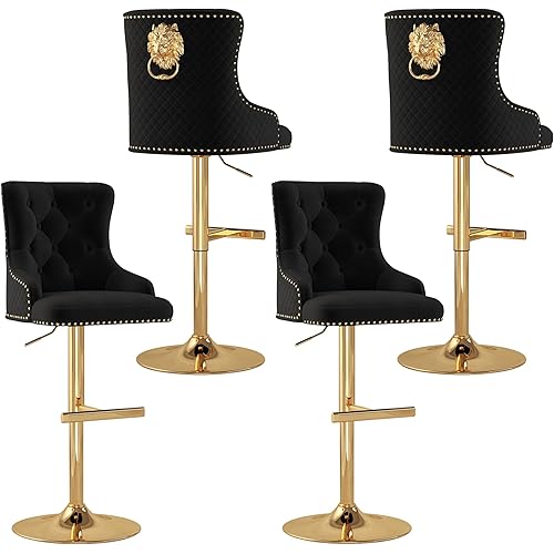 ABET Bar Stools Set of 4, Golden Base Counter Height Stools with Footrest, Velvet Adjustable Swivel Kitchen Island Chair with Upholstered Tufted High-Back, Lion Head Ring Nailhead Trim, Black