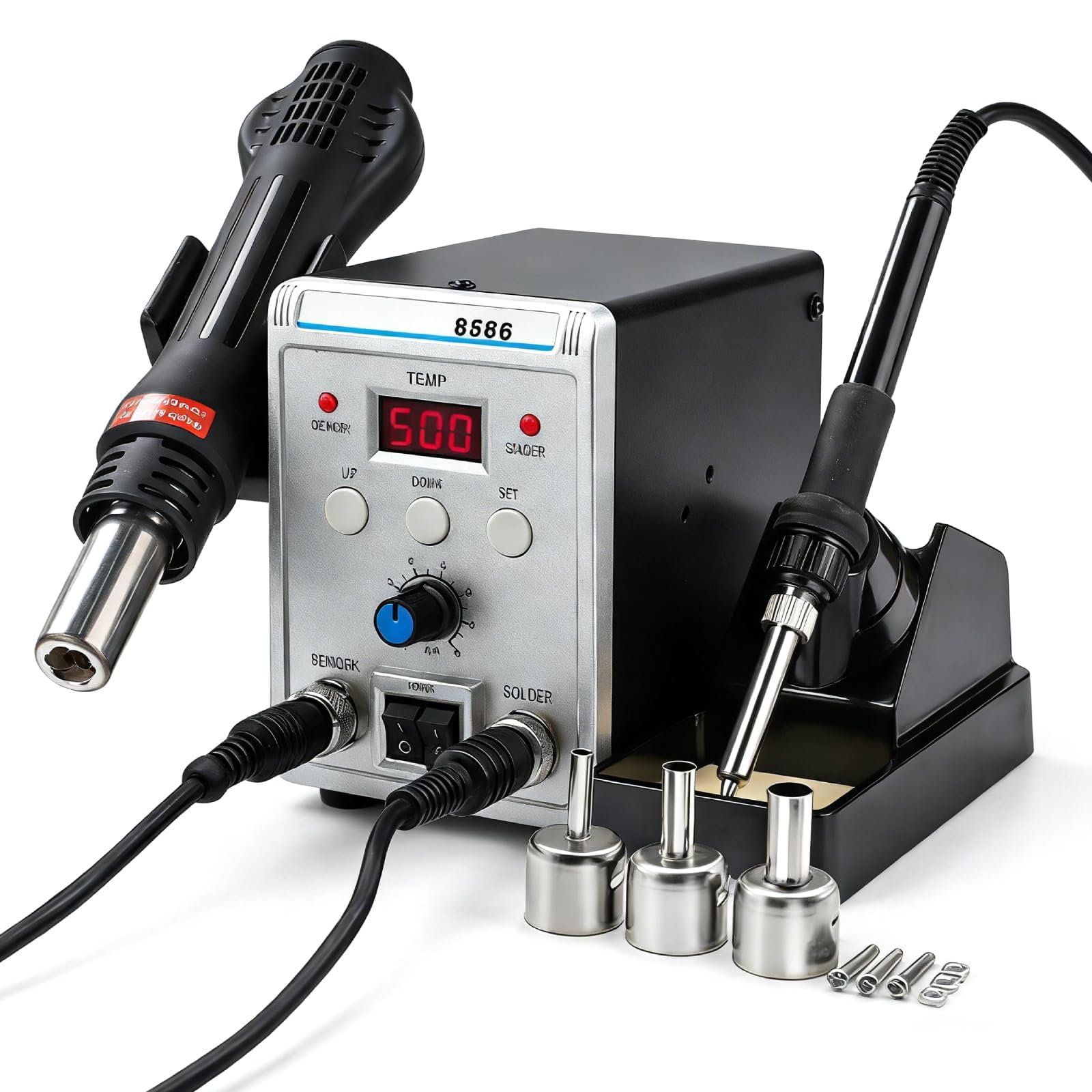 VOBOR Stazione Saldante, 2 in 1 Saldatore a Stagno Professionale ad Aria Calda 700W con Display LED, 200°C-500°C Kit di Strumenti Saldatura per Riparazione Saldante Elettronica