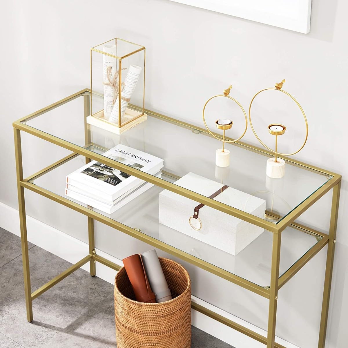 VBChome Table console 100 x 35 x 80 cm, 2 compartiments, doré, cadre en métal, verre trempé, salon, chambre à coucher, table d'appoint, pieds réglables, étagère de rangement 100 x 35 x 80 cm, 2