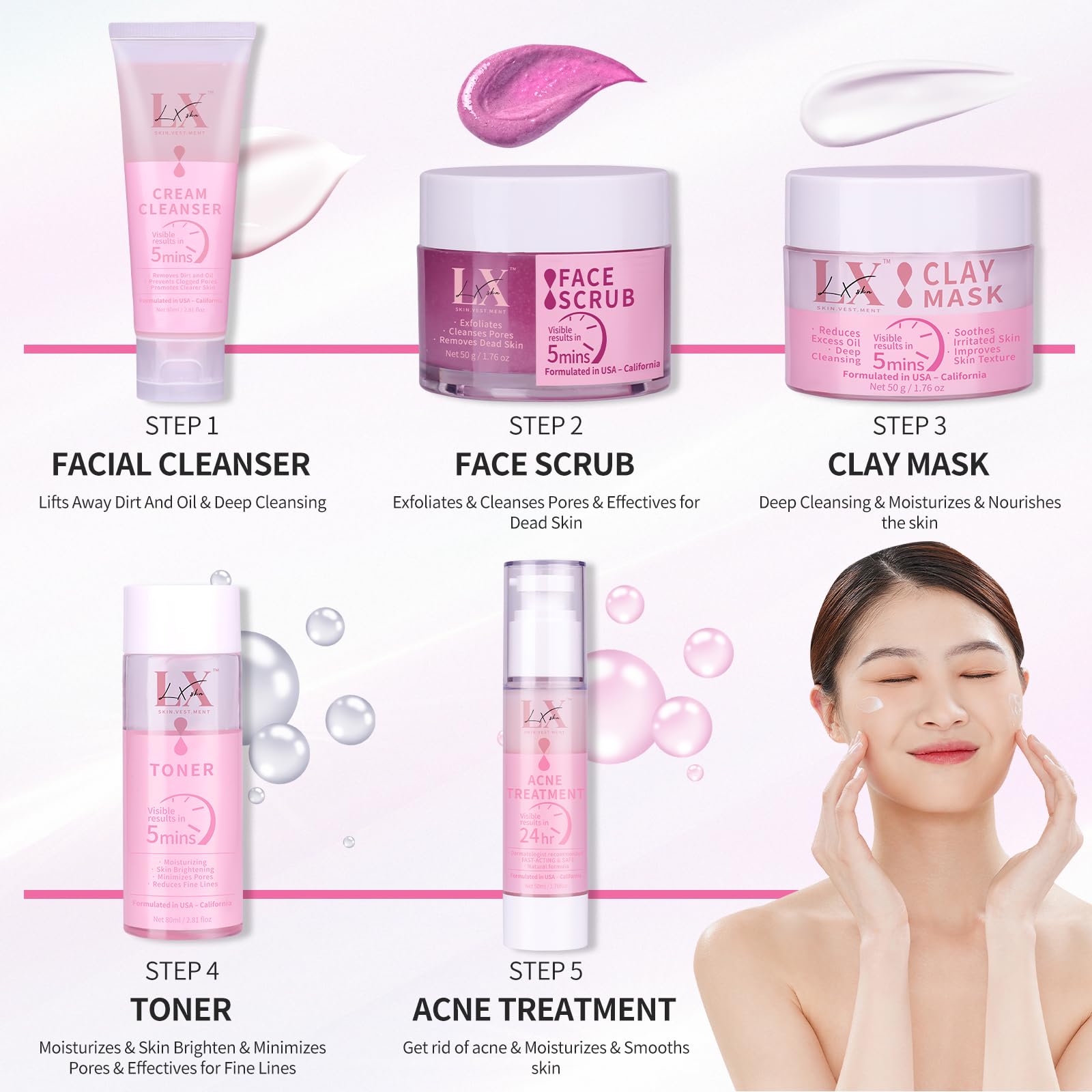 LXSKN Skin Care Set - 5 Step Skincare with Cleanser, Face Scrub, Clay Mask,Toner & Acne Treatment for Teens and Adults - Image 4
