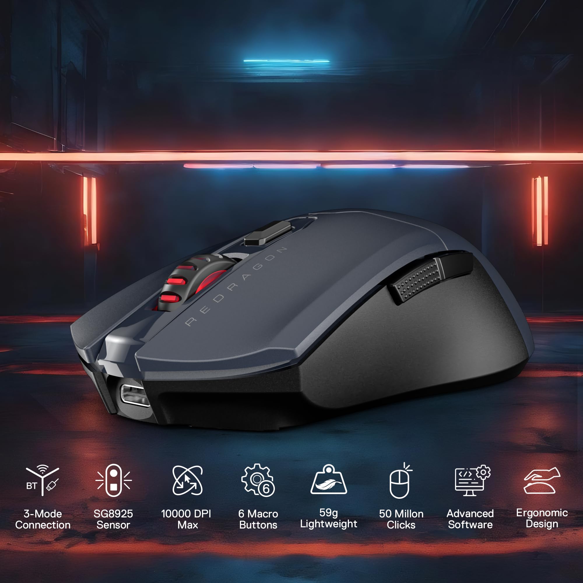 Redragon M995 LIT Gaming Mouse, 10000 DPI Wired/Wireless, BT & 2.4G Wireless, 6 pulsanti macro, 51G ultra leggero, capacità di alimentazione affidabile per PC/Mac/Laptop, grigio