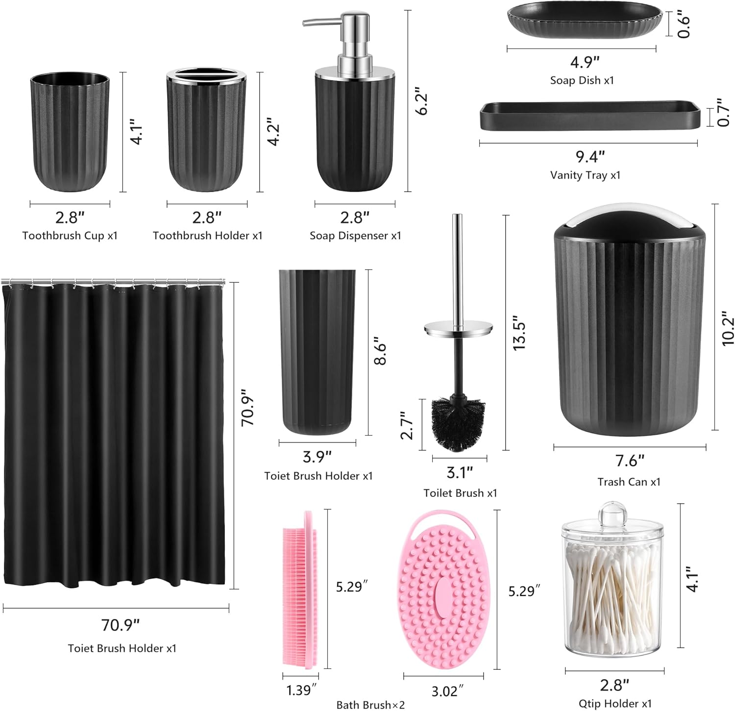 Bathroom Accessories Set, 11PCS Black Bathroom Accessory Set with Shower Curtain, Bath Brush, Trash Can, Soap Dispenser and Dish, Toilet Brush, Toothbrush Holder, Tumbler Cup, Q-tip Holders for Decor