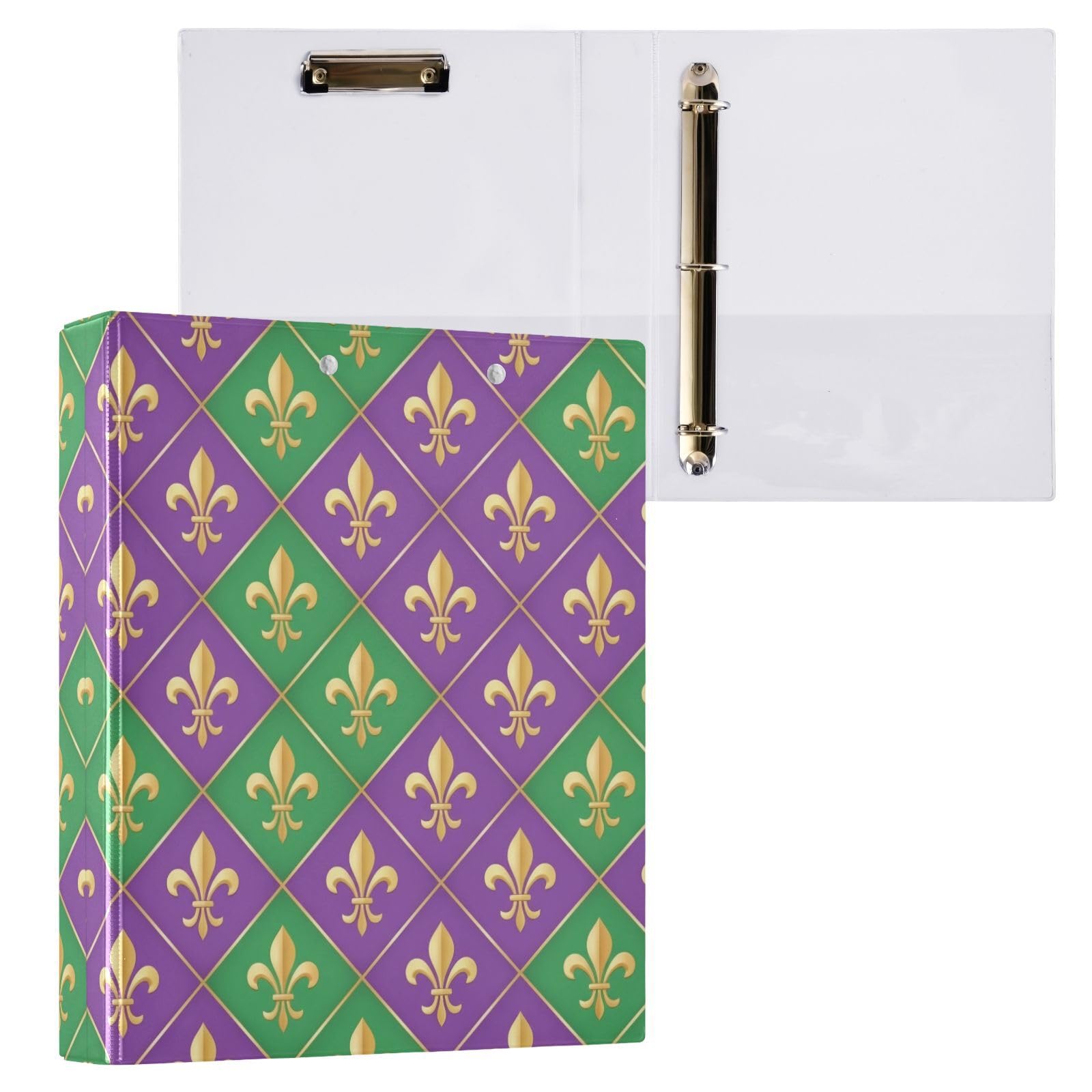 Carpeta de tres anillos verde, morado, dorado, blanco, carpeta de anillos en D, paquete de 2 | Con portapapeles y bolsillos, para escuela, universidad, oficina