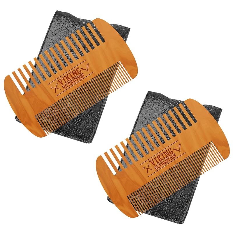 Pente de madeira para barba Viking Revolution com estojo, dentes finos e largos, Pacote com 2